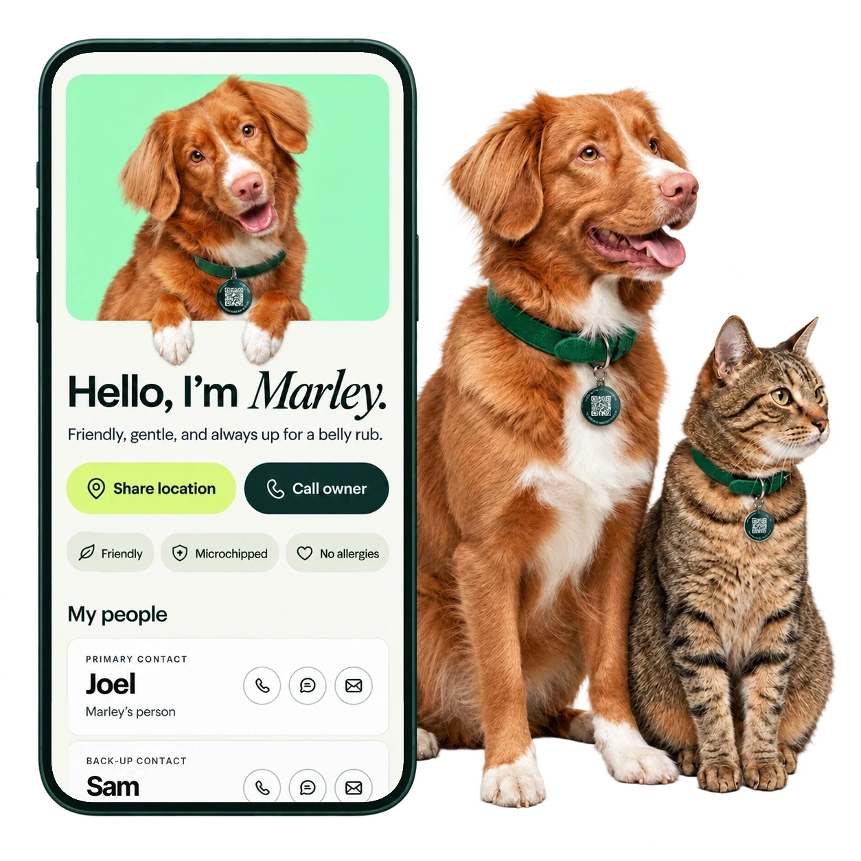 Supernormal pet profile showing Marley’s contact options beside a dog and cat wearing PawTags