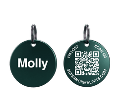 Both sides of the engraved tag: the name on the front, the QR code on the back