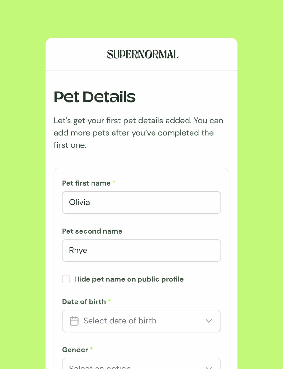 Supernormal app onboarding screen for adding a pet's details