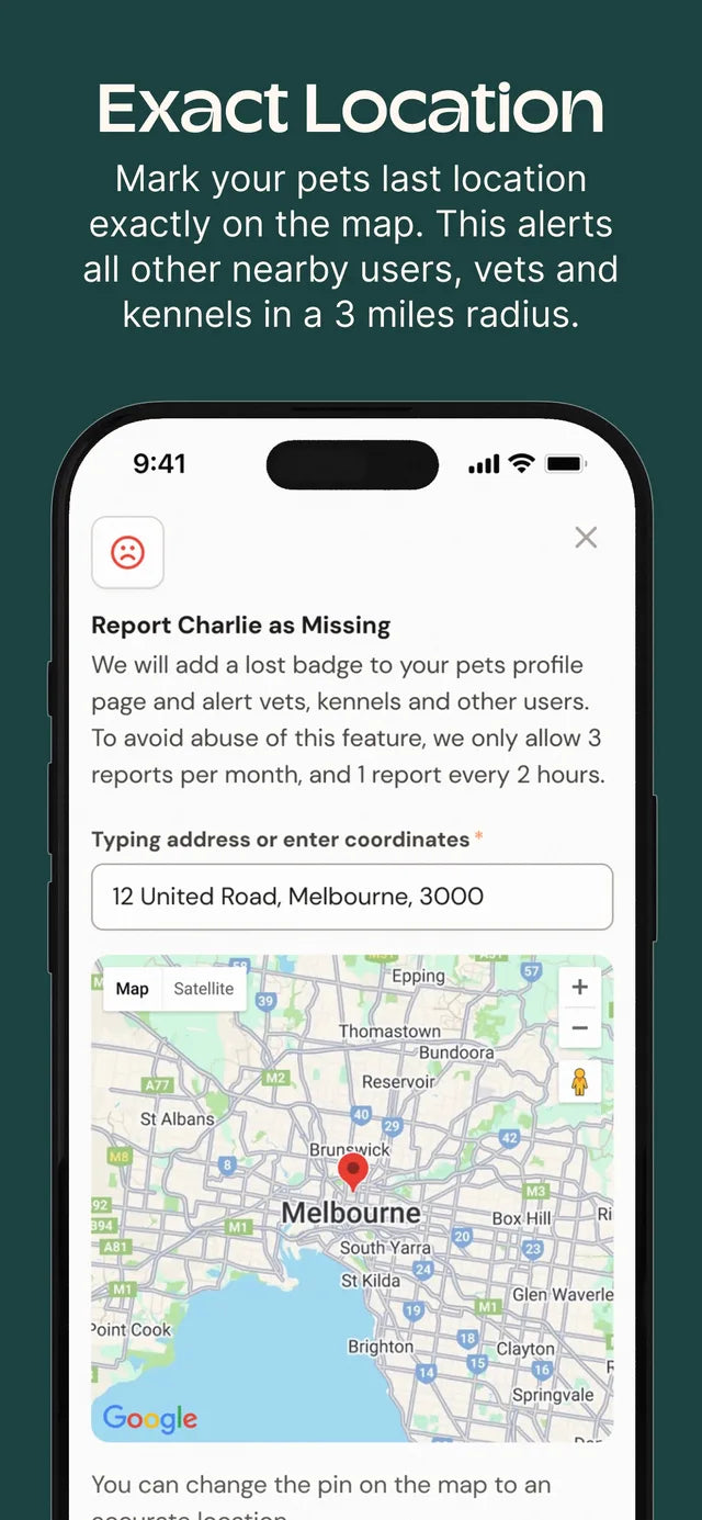 A pet's last known location pinned on a map in the Supernormal app