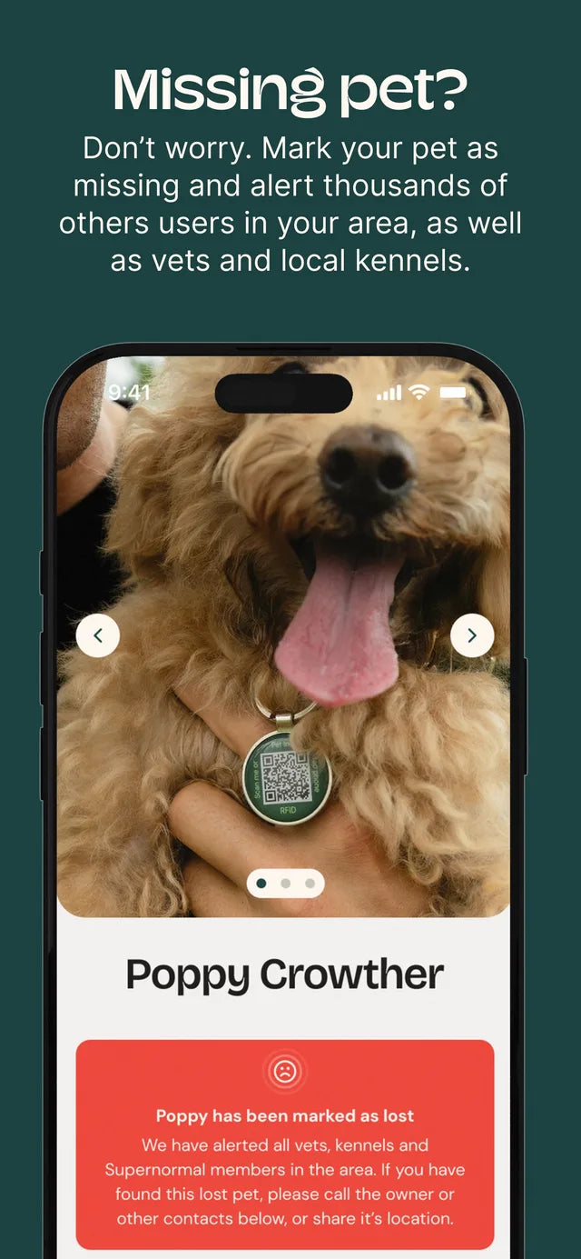 Marking a pet as missing in the Supernormal app, which alerts nearby users, vets and kennels
