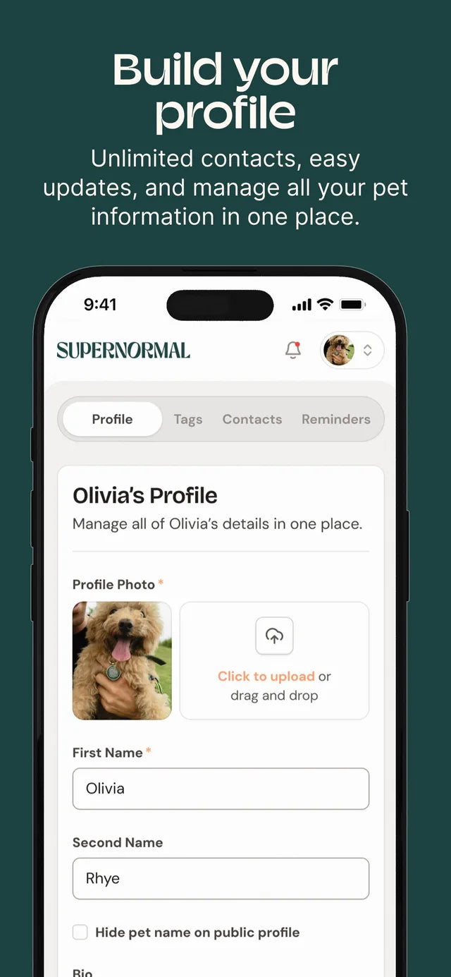 Editing a pet's profile and contacts in the Supernormal app
