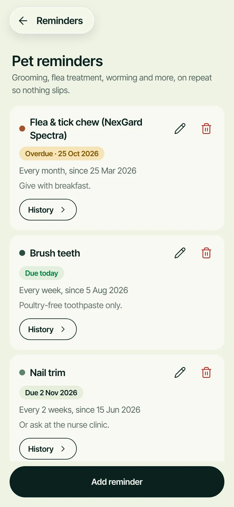 Pet reminders in the Wandr app, shared with the family