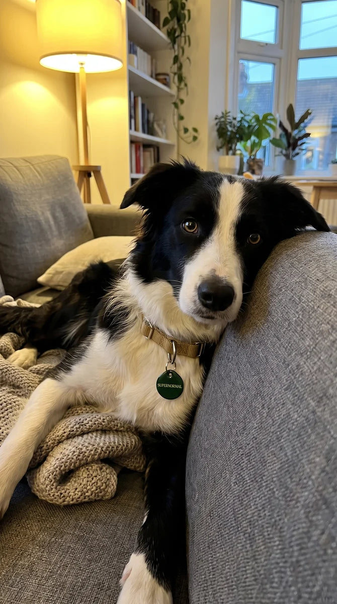 Border collie relaxing on a sofa wearing a green PawTag