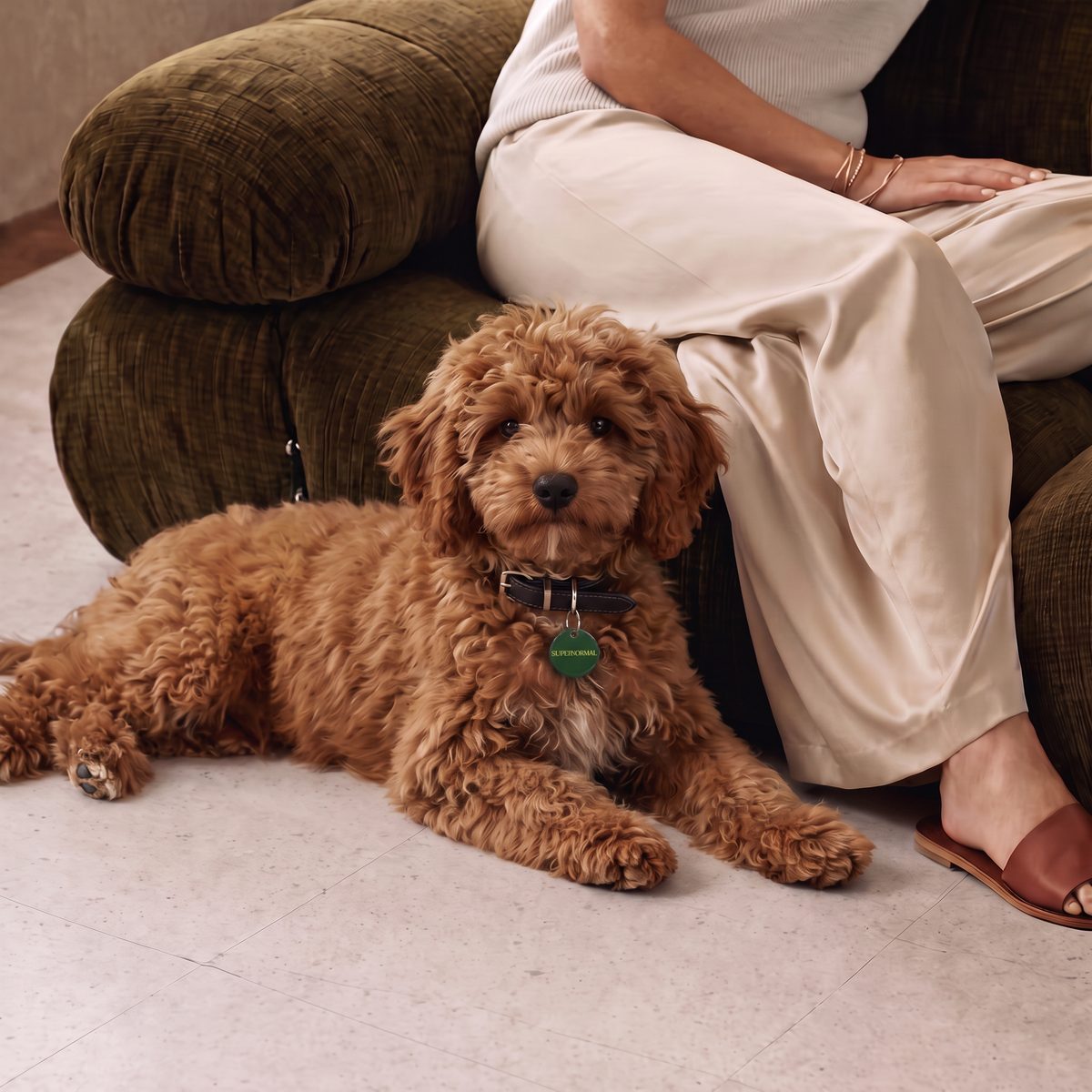 A red cockapoo wearing a Supernormal tag, lying by its owner on the sofa